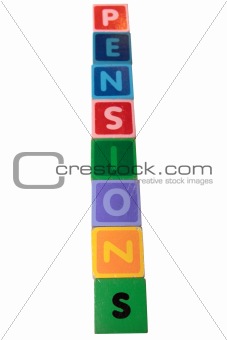 pensions in wooden toy block letters