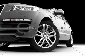 Car front bumper, light and wheel on black