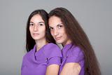 portrait of two sisters with very long brown hair -isolated on gray