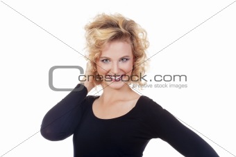 young blond woman in black top looking- isolated on white