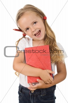 Happy little girl with books and pencil behind the ear