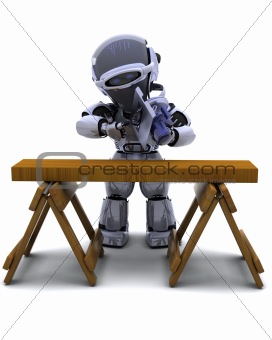 robot with power saw cutting wood