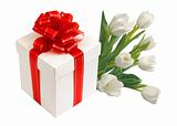 white tulips and gift box with red bow isolated on white backgro