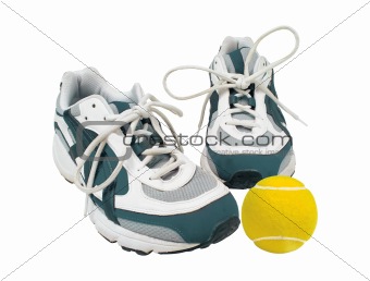 Concept with sport shoes and tennis ball isolated on the white b