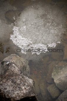 Melting ice in shallow clear water