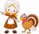 Thanksgiving Pilgrim girl and turkey