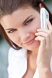 Beautiful Young Woman With Green Eyes On Cell Phone