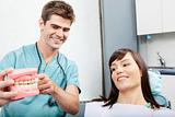 Dentist explains a female patient denture work in clinic