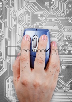 Hand and computer mouse on electronic background