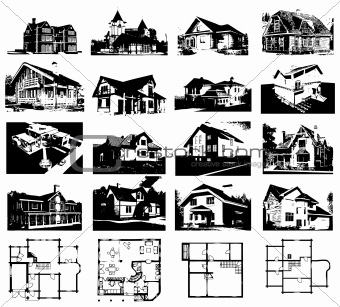 Set of projects of houses and plans. Vector