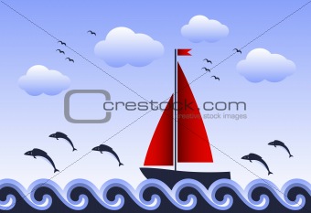 floating sailboat and jumping fishes