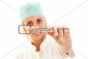 Nurse with clinical thermometer
