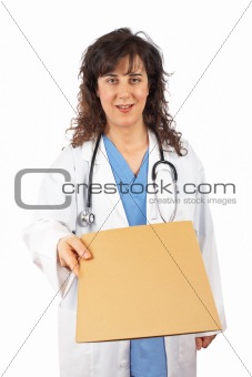 Female doctor handing a dossier