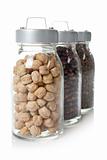 Glass jars of chickpeas, red beans and lentils