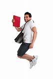 Excited man student jumping