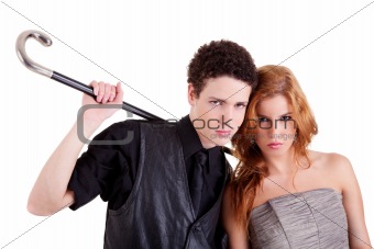 young couple, man holding a cane, isolated on white, studio sho