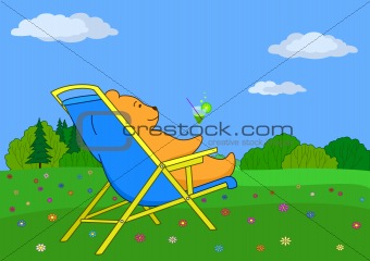 Teddy-bear in a chaise lounge in wood