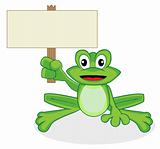 cute happy looking tiny green frog holding up a blank sign