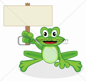cute happy looking tiny green frog holding up a blank sign