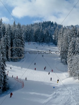 Snow covered ski piste with many skiers surrounded by trees on 