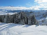 Combloux ski area near Mont Blanc on bright sunny day