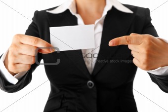modern business woman with blank business card in hand

