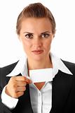 modern business woman with blank business card in hand
