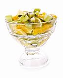 Cup with orange, kiwi and lime isolated on white