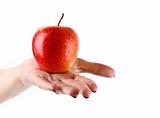 An apple on the hand isolated on white
