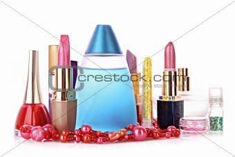 Lipstick and perfume isolated on white