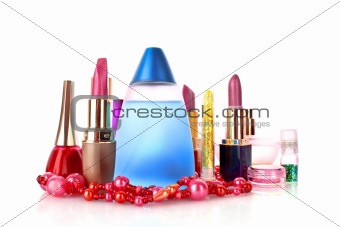Lipstick and perfume isolated on white