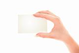 Hand with blank card isolated on white