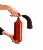 broken fire extinguisher in the hands on white background