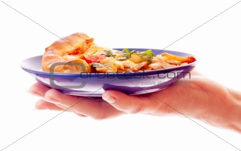 Pizza on plate with hand isolated on white