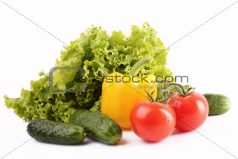 cucumber, pepper, tomatos and salad isolated on white