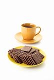 Chocolate cookie and cup of coffee isolated on white