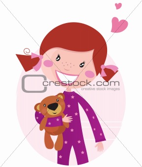 Happy little girl hugging teddy bear isolated on pink background