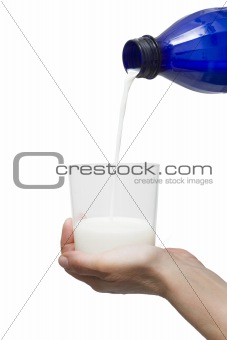 glass of milk in the hand and bottle