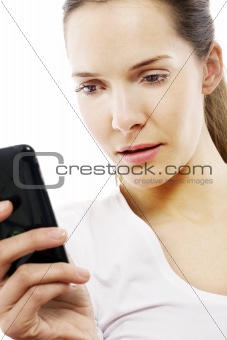 young woman with smart phone on white background studio