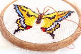 Butterfly embroidered on embroidery hoop