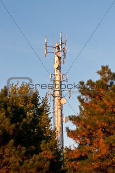 White Telecom Tower with Trees and Blue Sky