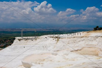 Pamukkale. Turkey. Cotton white mountains. National reserve and tourist attractions. Hot Springs