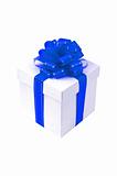 White box with blue bow isolated on white