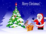christmas card with a bullfinch, fir tree and Santa