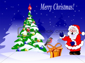 christmas card with a bullfinch, fir tree and Santa