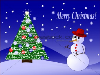 vector snowman and fir tree