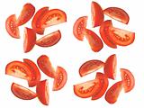 falling slices ripe tomatoes over white background