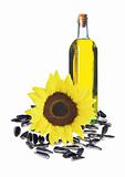 sunflowers seeds and glass bottle oil isolated on white