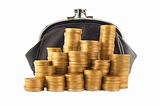 Purse and many golden coins in columns isolated on white backgro