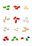 Twelve vector pills on white background